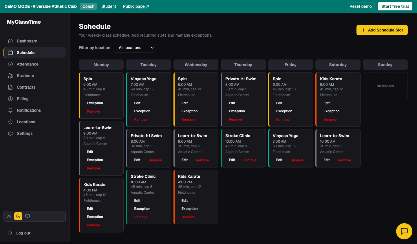 The MyClassTime weekly schedule view